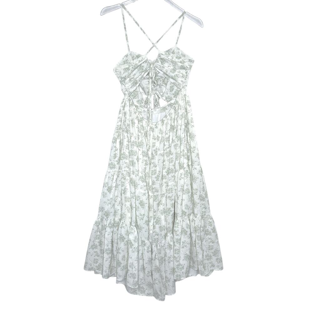 BaeVely L NEW Green White Floral Midi Maxi Sundress Cut Out Cottage Milk Maid - Picture 2 of 8
